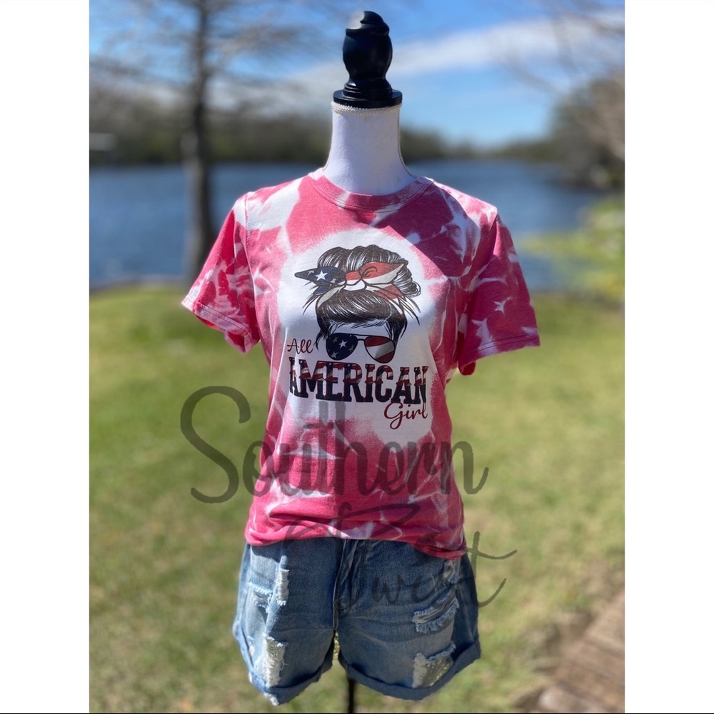 “All American Girl Tee” Messy Bun Sunglasses Headband Bleached Sublimation Red
